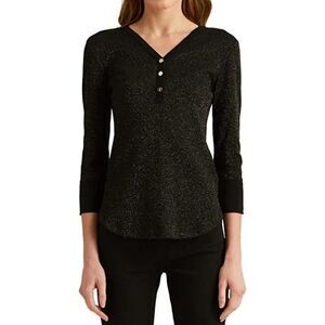 Lauren Ralph Lauren Sparkle Henley Top Waffle Knit Black Gold Metallic Small